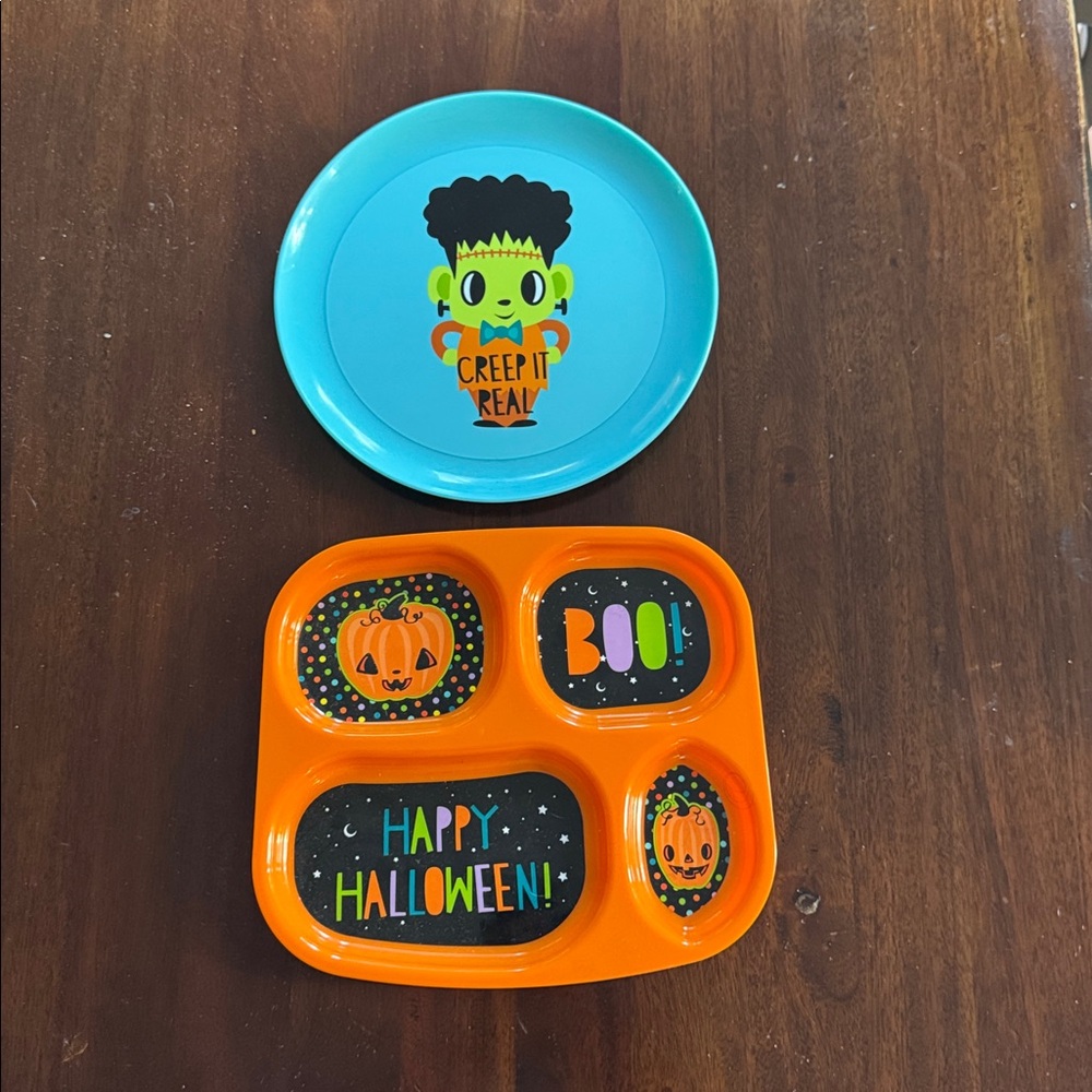 NWT Halloween Kids Reusable Plate Dinnerware Set Dinner Lunch Frankenstein